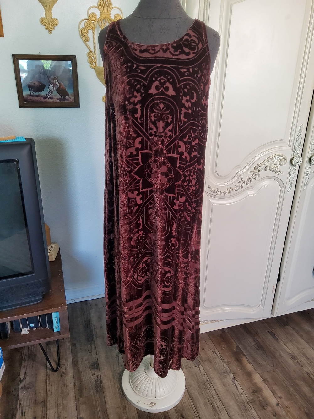 90s Silk Art Deco Velvet Devore Patterned Deep Burgundy Dress